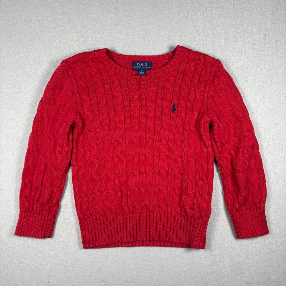 Polo Ralph Lauren Kids Red Cable Knit Crewneck Sweater Size 5 Boys Navy Pony